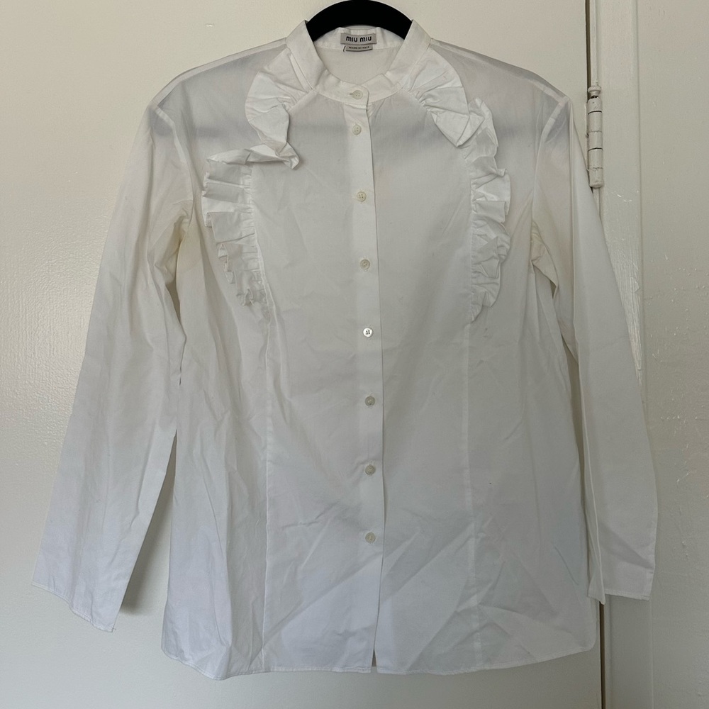 Miu Miu White Ruffled Button-Up Blouse
